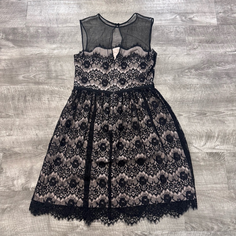 Maggy London Lace Fit & Flare Black Dress Nude Lining Womens Sz. 6 - Picture 2 of 7